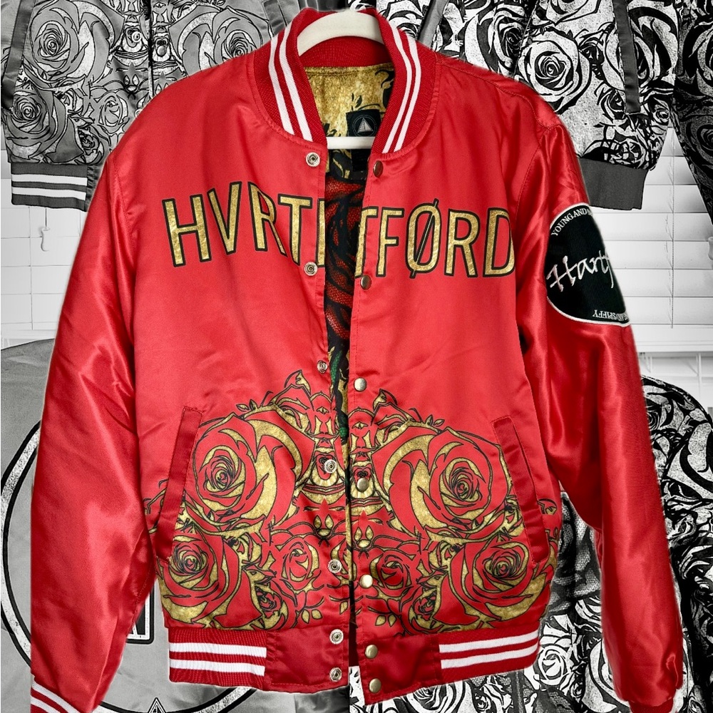 🌹 Young & Spiffy Couture | “Hartford” Satin Bomber Jacket | Red & Gold | Small